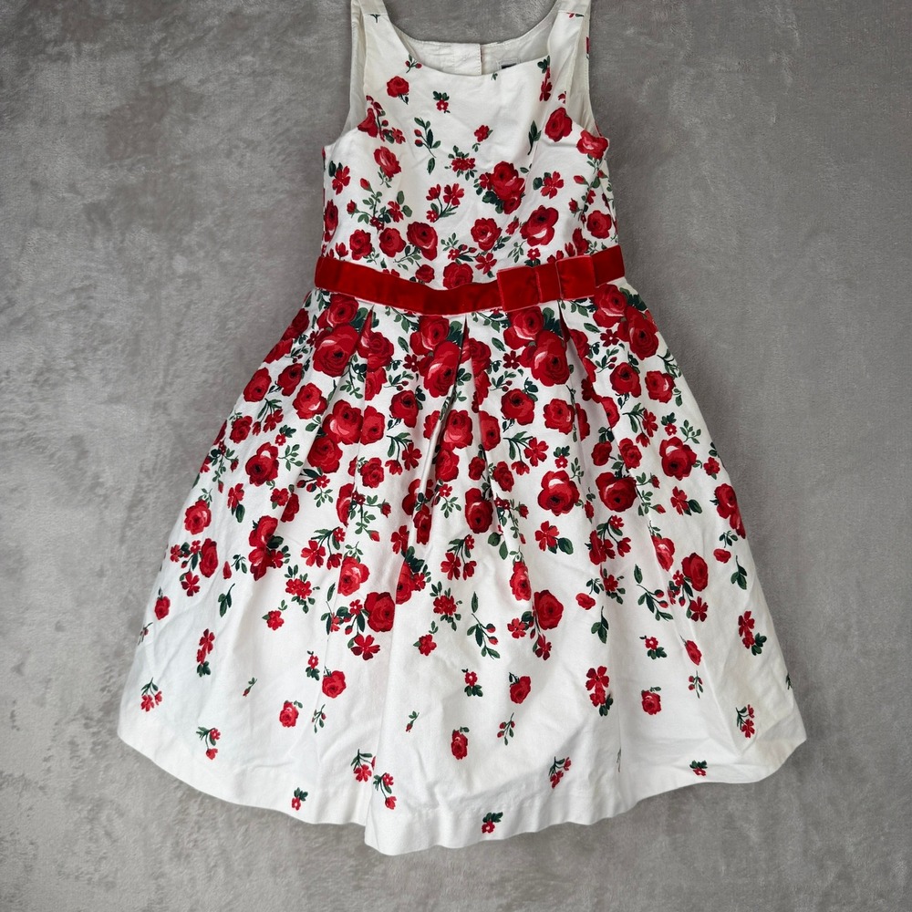 Janie and Jack Girls Red Rose Floral Dress Velvet Bow White Holiday Party Size 4 - Picture 1 of 7